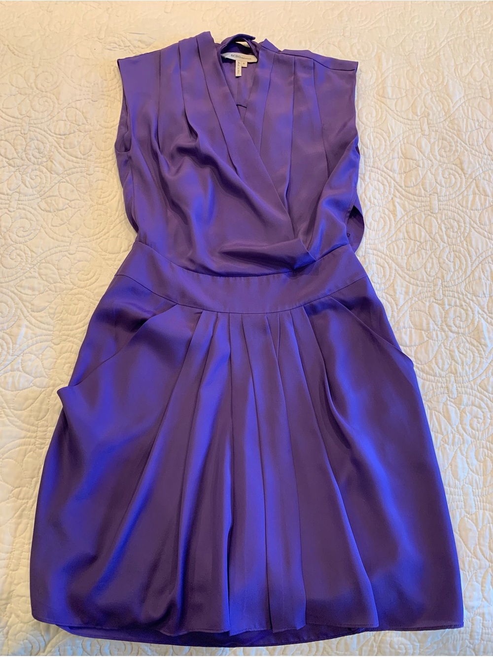 BCBGeneration Violet Satin Pleated V-Neck Mini Dress